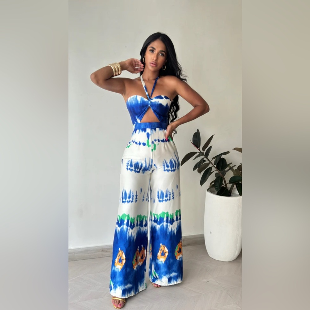 The O Boutique Blue and Cream Tie-Dye Pants